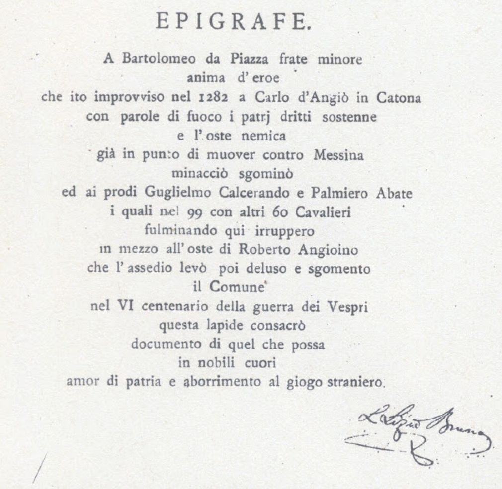 L&#039;EPIGRAFE del Vespro piazzese scomparsa